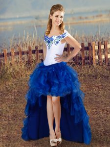 Affordable Sleeveless Organza High Low Lace Up Pageant Dress Womens in Blue And White with Embroidery