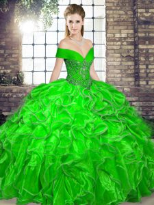 Green Lace Up Off The Shoulder Beading and Ruffles Sweet 16 Dresses Organza Sleeveless