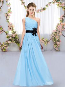 High End Aqua Blue Dama Dress for Quinceanera Wedding Party with Belt One Shoulder Sleeveless Zipper
