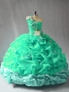 Custom Design Turquoise One Shoulder Neckline Pick Ups and Hand Made Flower Ball Gown Prom Dress Sleeveless Lace Up