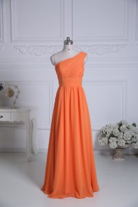 Latest Orange Sleeveless Ruching Floor Length Dama Dress for Quinceanera