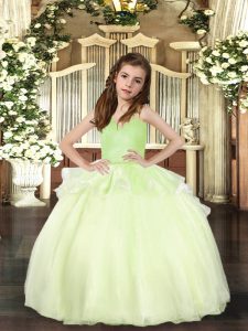 Yellow Green Organza Lace Up Straps Sleeveless Floor Length Pageant Gowns For Girls Beading