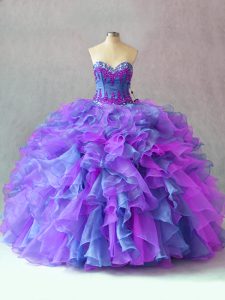 Colorful Sleeveless Lace Up Floor Length Beading and Appliques and Ruffles Sweet 16 Quinceanera Dress
