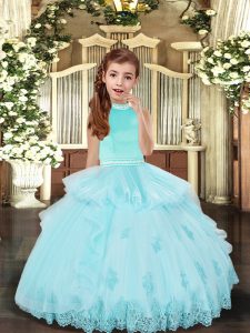 Custom Designed Aqua Blue Sleeveless Floor Length Beading and Appliques Backless Little Girl Pageant Dress