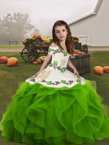 Hot Selling Green Little Girl Pageant Gowns Party and Wedding Party with Embroidery and Ruffles Straps Sleeveless Lace Up