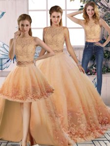 Customized Sleeveless Sweep Train Backless Lace Sweet 16 Dress