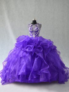 Purple Organza Lace Up Scoop Sleeveless Floor Length Quinceanera Dress Beading and Ruffles