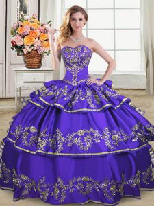 Perfect Sweetheart Sleeveless Vestidos de Quinceanera Floor Length Embroidery and Ruffled Layers Purple Satin and Organza