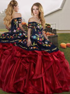 New Arrival Embroidery and Ruffles 15 Quinceanera Dress Red And Black Lace Up Sleeveless Floor Length