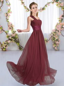 Chiffon One Shoulder Sleeveless Lace Up Ruching Wedding Guest Dresses in Burgundy