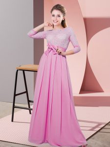 Rose Pink Vestidos de Damas Wedding Party with Lace and Belt Scoop 3 4 Length Sleeve Side Zipper