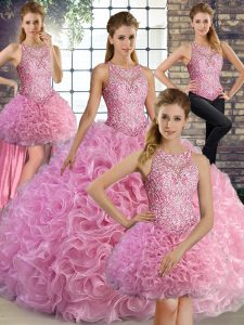 Sleeveless Floor Length Beading Lace Up Sweet 16 Quinceanera Dress with Rose Pink