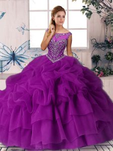 Scoop Sleeveless Sweet 16 Quinceanera Dress Brush Train Beading and Pick Ups Purple Organza