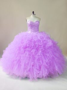 Low Price Lilac Tulle Lace Up Quinceanera Gown Sleeveless Floor Length Beading and Ruffles