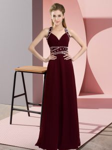 Delicate Empire Prom Dress Burgundy Straps Chiffon Sleeveless Floor Length Backless