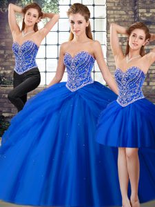 Best Lace Up Sweet 16 Dresses Royal Blue for Military Ball and Sweet 16 and Quinceanera with Beading and Pick Ups Brush Train