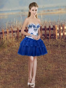 Adorable Royal Blue Lace Up Prom Dresses Embroidery and Ruffled Layers Sleeveless Mini Length