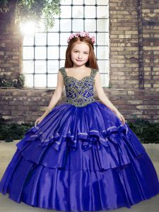 Blue Kids Pageant Dress Party and Sweet 16 and Wedding Party with Beading Straps Sleeveless Lace Up