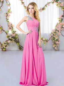 Exquisite Rose Pink Empire Chiffon One Shoulder Sleeveless Beading Floor Length Zipper Bridesmaid Dresses