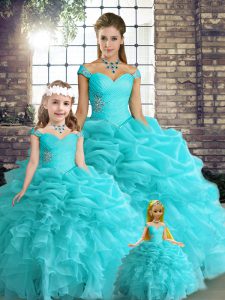 Floor Length Lace Up Sweet 16 Dresses Aqua Blue for Military Ball and Sweet 16 and Quinceanera with Beading and Ruffles and Pick Ups