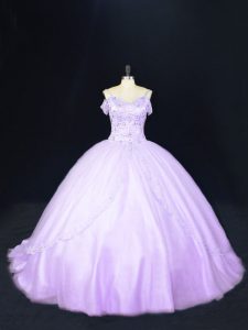 Cheap Tulle Off The Shoulder Sleeveless Court Train Lace Up Beading 15th Birthday Dress in Lavender