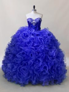 Cute Royal Blue Ball Gowns Fabric With Rolling Flowers Sweetheart Sleeveless Ruffles and Sequins Floor Length Lace Up 15 Quinceanera Dress