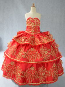 Red Little Girl Pageant Gowns Wedding Party with Embroidery and Ruffled Layers Sweetheart Sleeveless Lace Up