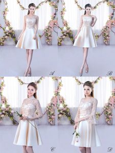 Smart A-line Court Dresses for Sweet 16 Champagne Scoop Satin Sleeveless Mini Length Lace Up