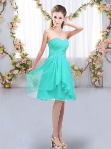Stunning Knee Length Lace Up Quinceanera Court of Honor Dress Turquoise for Wedding Party with Ruffles and Ruching