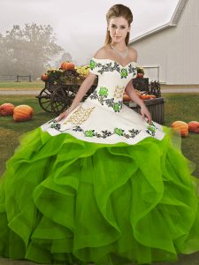 Green Ball Gowns Off The Shoulder Sleeveless Tulle Floor Length Lace Up Embroidery and Ruffles Sweet 16 Dress