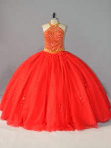 Beauteous Red Tulle Lace Up Halter Top Sleeveless Floor Length Ball Gown Prom Dress Beading
