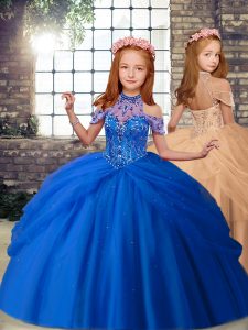 Floor Length Blue and Peach Kids Pageant Dress Tulle Sleeveless Beading