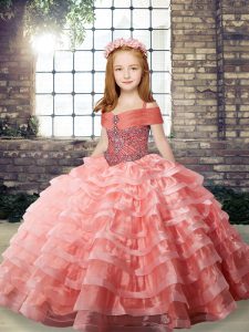 Watermelon Red Little Girl Pageant Gowns Organza Brush Train Sleeveless Beading and Ruffled Layers