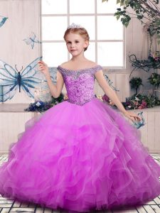 Popular Off The Shoulder Sleeveless Child Pageant Dress Floor Length Beading and Ruffles Lilac Tulle