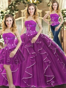 Top Selling Column/Sheath 15 Quinceanera Dress Purple Strapless Tulle Sleeveless Floor Length Lace Up