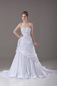 Vintage White Sleeveless Taffeta Brush Train Lace Up Wedding Gowns for Wedding Party