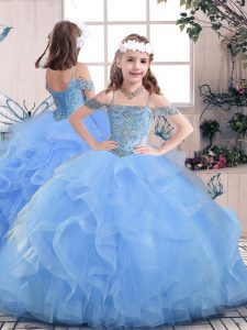 Floor Length Lace Up Kids Pageant Dress Blue for Party and Sweet 16 and Wedding Party with Beading