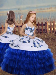 Beauteous Royal Blue Straps Lace Up Embroidery and Ruffled Layers Pageant Gowns For Girls Sleeveless
