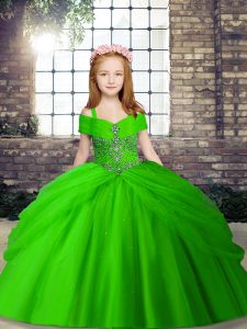 Tulle Lace Up Pageant Gowns For Girls Sleeveless Floor Length Beading