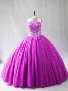 Attractive Lilac Sleeveless Tulle Brush Train Lace Up 15 Quinceanera Dress for Sweet 16 and Quinceanera