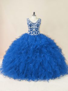 Fancy Blue Sweet 16 Dresses V-neck Sleeveless Backless
