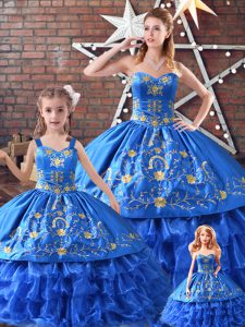 Blue Sleeveless Satin and Organza Lace Up Quince Ball Gowns for Sweet 16 and Quinceanera