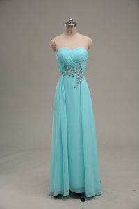 Sexy Aqua Blue Empire Appliques and Ruching Dress for Prom Zipper Chiffon Sleeveless Floor Length
