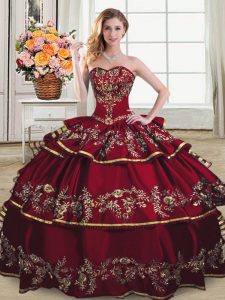 Affordable Wine Red Sleeveless Embroidery and Ruffled Layers Floor Length Quinceanera Gowns