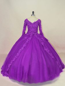 New Arrival Purple 15th Birthday Dress Sweet 16 and Quinceanera with Appliques V-neck Long Sleeves Lace Up