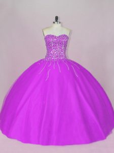 Luxury Purple Lace Up Sweetheart Beading Quince Ball Gowns Tulle Sleeveless