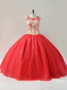 Latest Red Sweet 16 Quinceanera Dress Sweet 16 and Quinceanera with Beading Scoop Sleeveless Lace Up