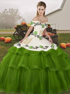 Olive Green Off The Shoulder Lace Up Embroidery and Ruffled Layers Sweet 16 Dresses Brush Train Sleeveless
