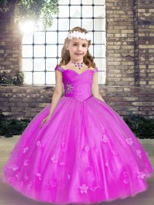 Sleeveless Floor Length Beading and Hand Made Flower Lace Up Child Pageant Dress with Fuchsia
