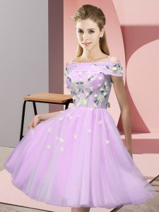Empire Bridesmaids Dress Lilac Off The Shoulder Tulle Short Sleeves Knee Length Lace Up